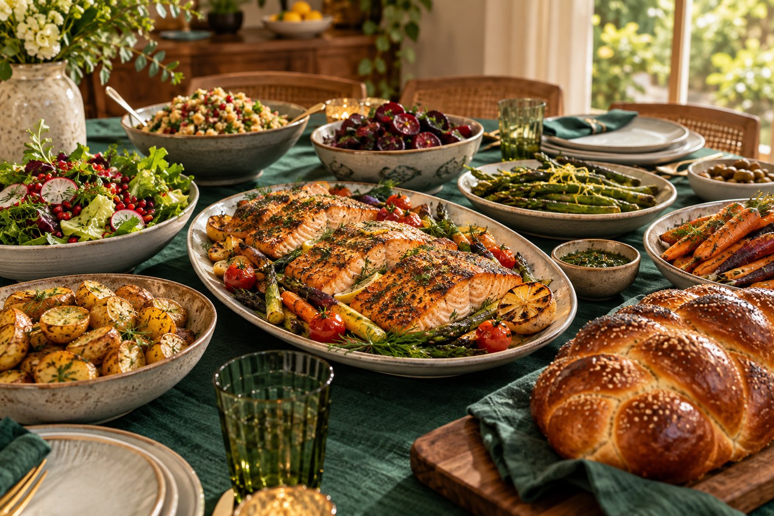 Kosher meal planning spread with salmon, challah, vegetables, salads, and sides