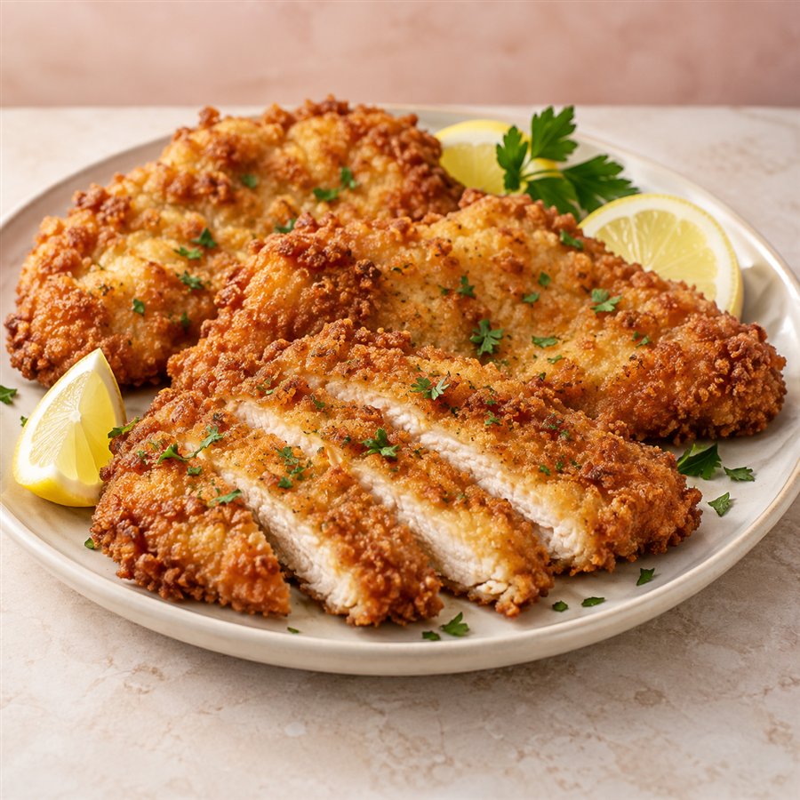 Golden homemade chicken schnitzel