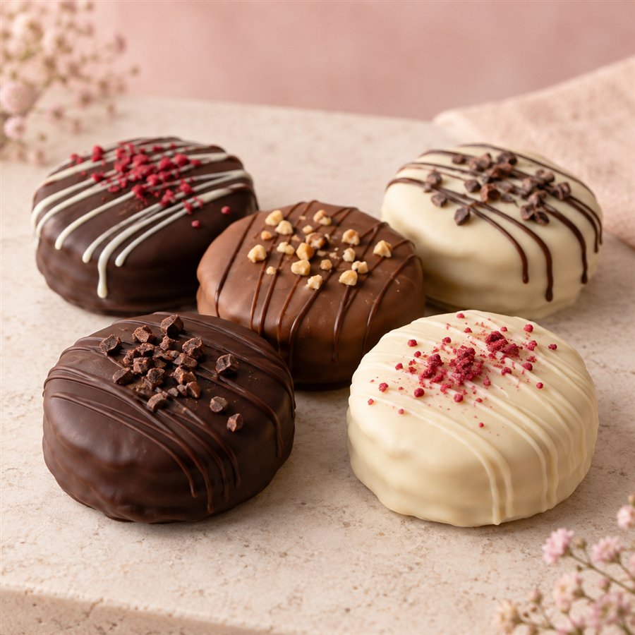 Chocolate-covered sandwich cookies with decorative toppings