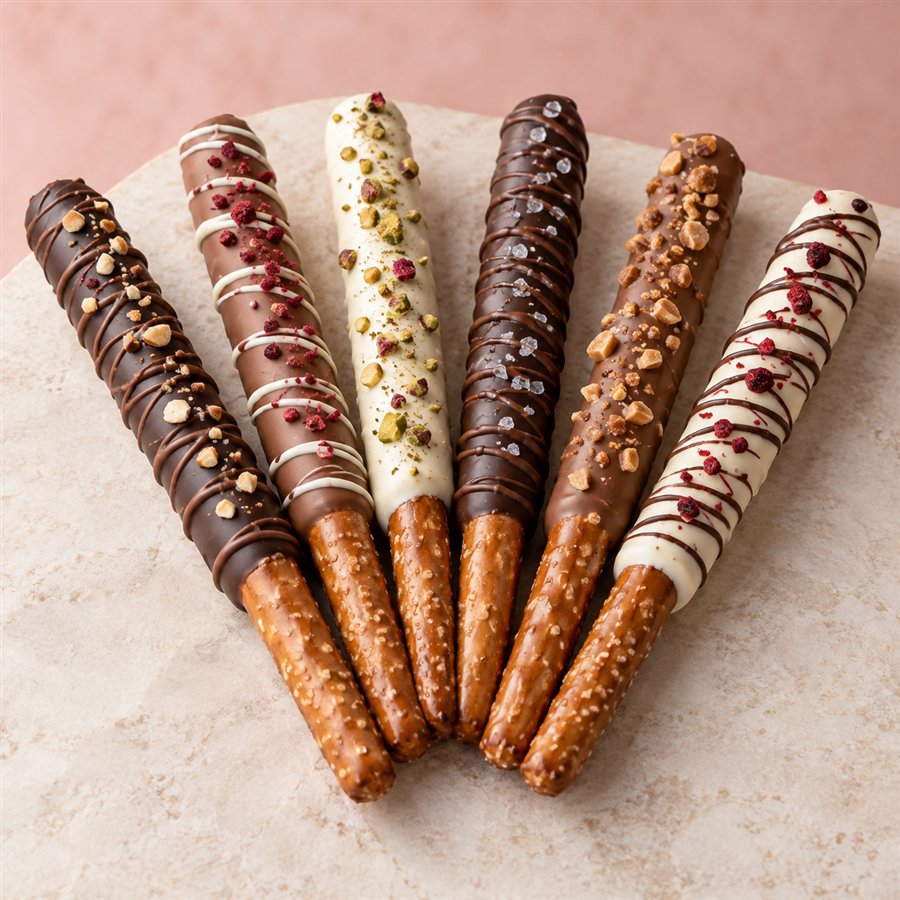 Chocolate-covered pretzel rods with colorful decoration