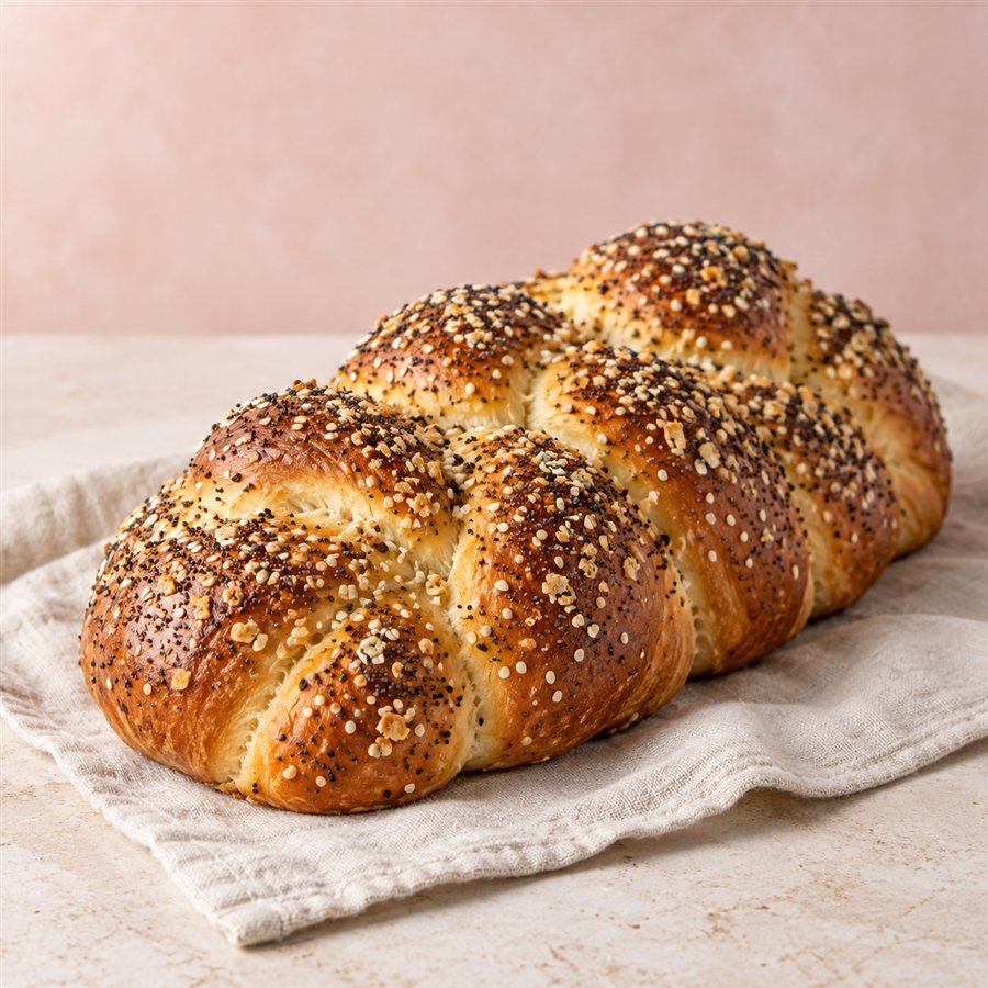 Braided challah topped with everything seasoning