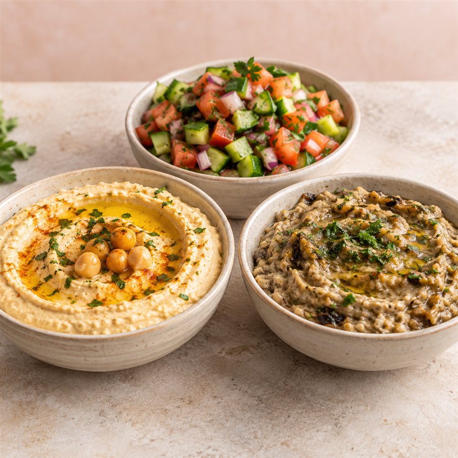 Assortment of homemade dips and salads