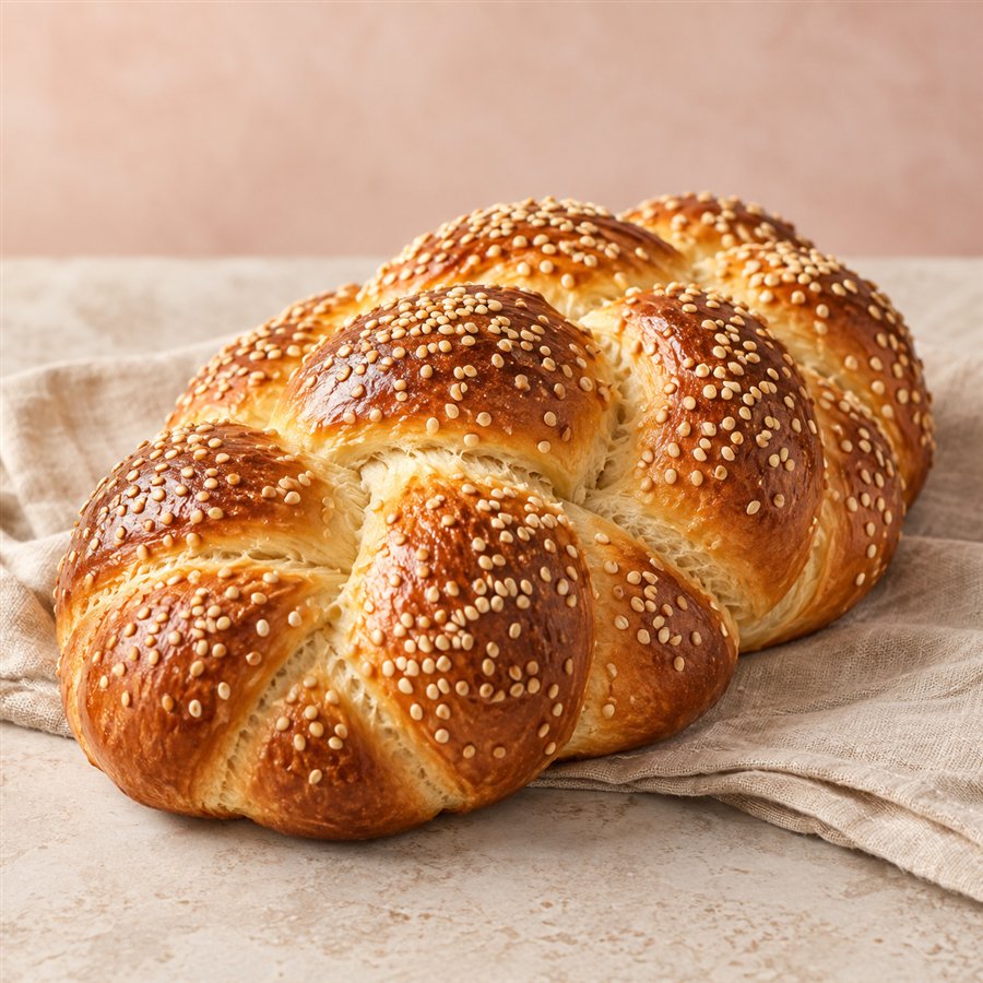 Braided challah topped with sesame seeds