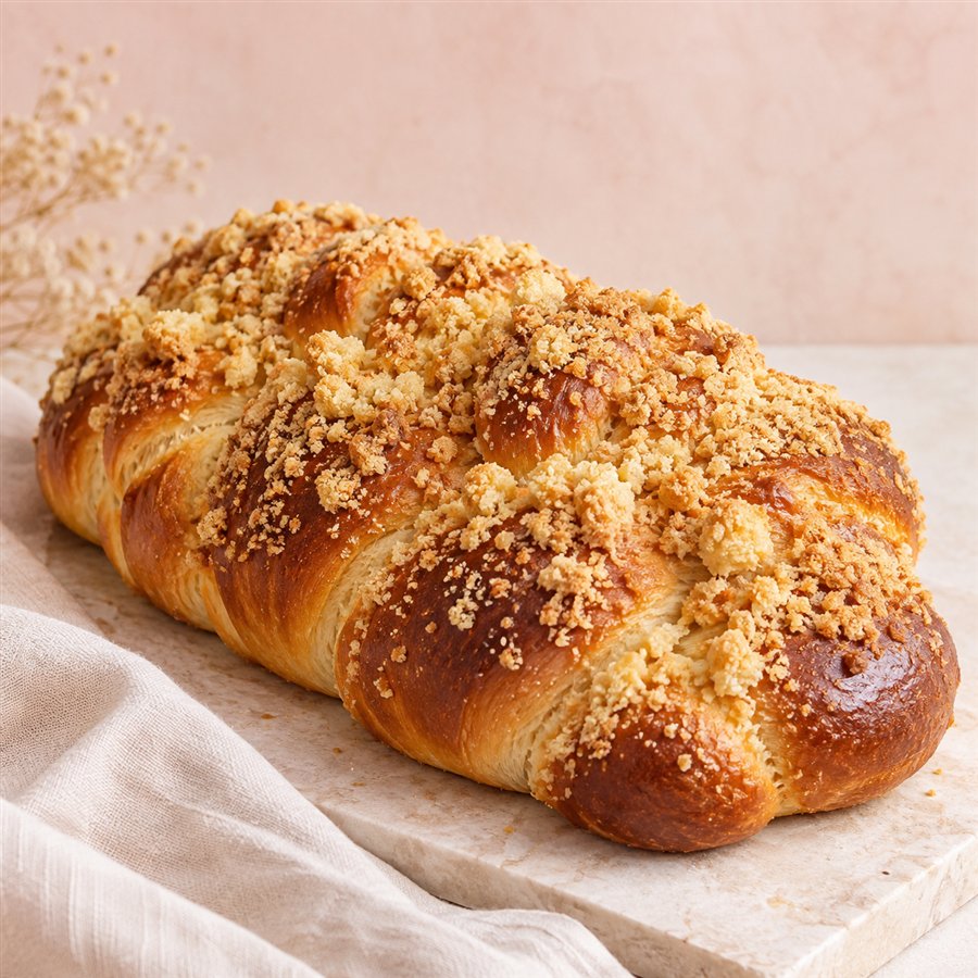 Braided challah with a sweet crumb topping